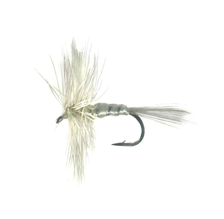 White Miller dry fly in sizes #14 and #16. This essential pattern is designed for summer evening and night fishing, perfect for skating to trigger aggressive trout strikes.