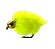 Yellow Eggstasy fly fishing lure, size 12 barbed hook, with bead head for sinking quickly.