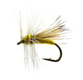 A close-up photograph showing the Yellow Sally Dry Fly in sizes #14 and #16. The flies feature a bright yellow body and upright wings, tied to imitate an adult stonefly for summer hatches.


