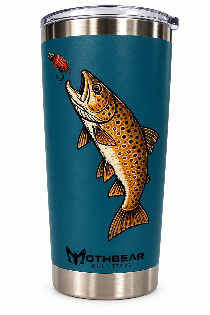 20oz Travel Mug with "Mothbear Outfitters Brown Trout" Logo