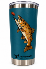 20oz Travel Mug with "Mothbear Outfitters Brown Trout" Logo