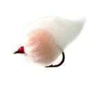 White Nuke Egg fly fishing lure, size 6, effective for clear water conditions, barbed hook.