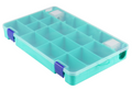 Turquoise plastic organizer with purple clips on a white background